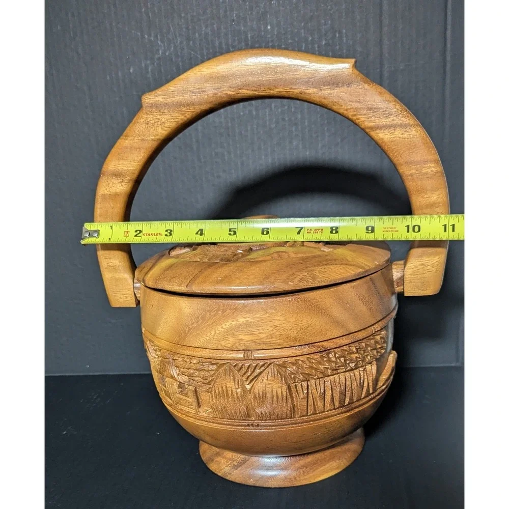 Vintage Hand Carved Teak‎ Wood Bucket With Handle Rural Farming Scene